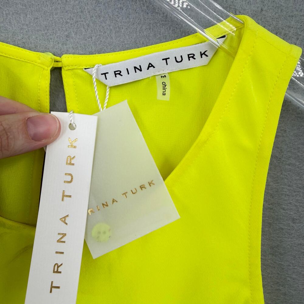Trina Turk NWT Kesso Bright Neon Yellow 100% Silk Layered Hem Tank Blouse - Picture 9 of 10
